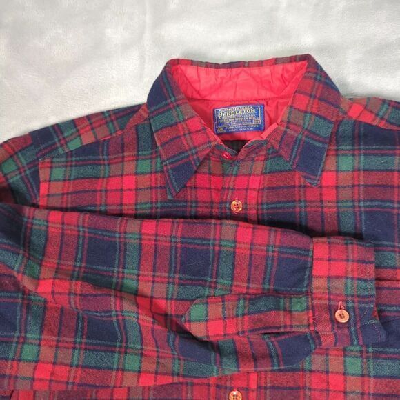 Vintage Pendleton Wool Flannel Mens Medium Red Fireside Tartan‎ Plaid USA 70 60s